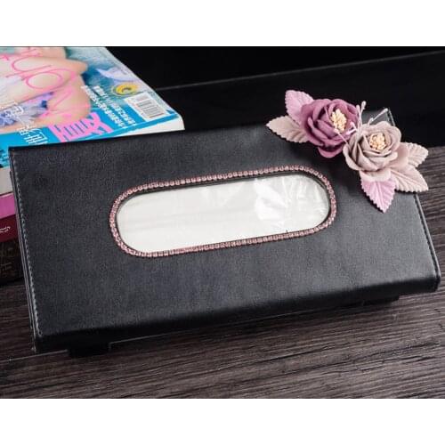 Car Black Sun Visor Type Car Tissue Bag Box Leather Auto Paper Towels Holder with Flower for Women Girls Car Styling Accessories
