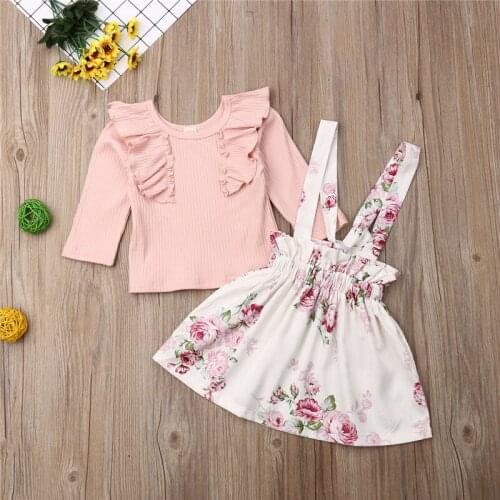 Children Clothes Set Pink Long Sleeve T-Shirt For Girls Tops Floral Print Kids Overalls Skirts Toddler Suit Girls Sets Clothing