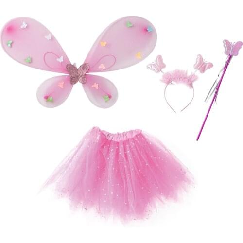 Kid Girls Fairy Cosplay Costume LED Princess Butterfly Wing Tutu Skirt Headband Fairy Stick Halloween Party Dress Up Photography