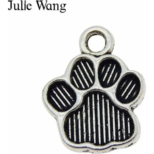 Julie Wang 50PCS Alloy Pet Dog Cat Small Paw Footprint Charms Antique Silver Color Necklace Jewelry Making Findings Accessory