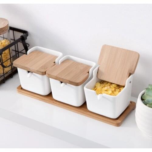 Japanese Style Ceramic Salt Shaker Pepper Seasoning Jar Bamboo Wood Lid Seasoning Jar Seasoning Storage Box Kitchen Tools