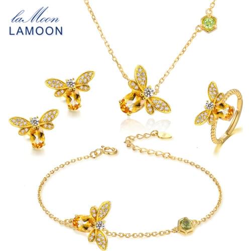 LAMOON Gemstone Natural Citrine Jewelry Set Trendy Lovely Bee 925 sterling-silver-jewelry Earring Ring Necklace Bracelet V027-5