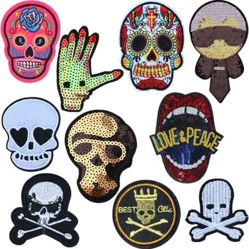 Metal Punk Rock Skull Biker Hook Patch Sequin Embroidery Badge Ironing Stripe For Jacket Crocs Jeans For Sewing And Needlework