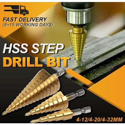 HSS Step Drill Bit Set Cone Hole Cutter Taper Metric 4 - 12 / 20 / 32mm 1 / 4 "Titanium Coated Metal Hex Core Drill Bits