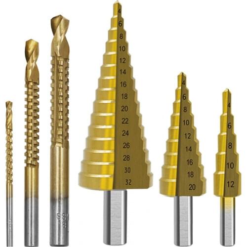 6Pcs HSS Titanium Step Drill Bit Set 4-12/20/32mm Metal Hole Cutter Wood Cone Core Drilling Hole Saw Tool With 3,6,8 Saw Drill