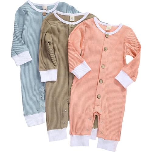 New Spring Baby Boys Girls One Piece Knit Jumpsuit Crew Neck Long Sleeve Buttons Long Romper Overalls