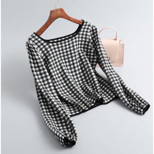 2021 Autumn Women Vintage Square Neck Knitted Pullovers Plaid Tops Long Sleeve Women Cardigans Fashion Casual Sweater