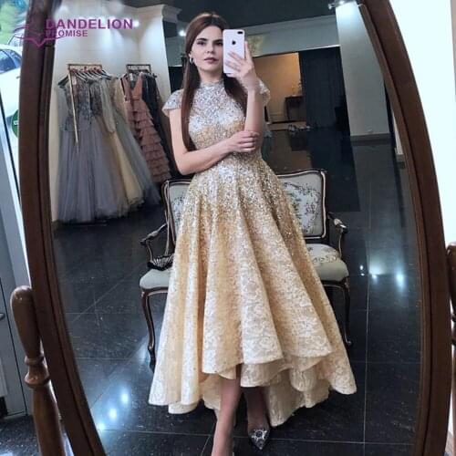 Luxury Gold Evening Dress 2020 High Neck Cap Sleeves A-Line Lace Beads Handmade Prom Formal Party Gowns