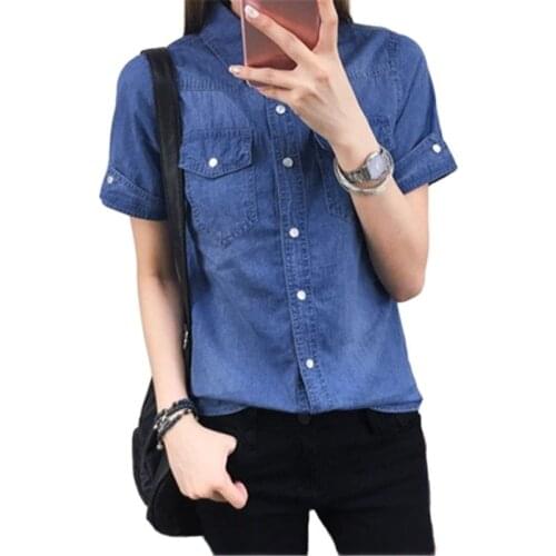 Summer new style cotton denim shirt women short-sleeved Korean self-cultivation students casual all-match shirt thin top A436