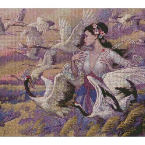 Needlework, The girl and the crane people 14CT Counted embroidery,DIY Cross stitch kits,Art Pattern Cross-Stitching decor