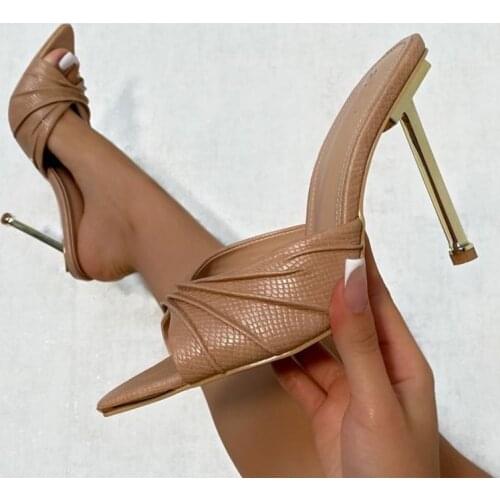 Snake Skin Sexy Pointed Toe Metal High Heel Sandals Shoes Women Summer Shoes Slippers Heeled Slip on Outside