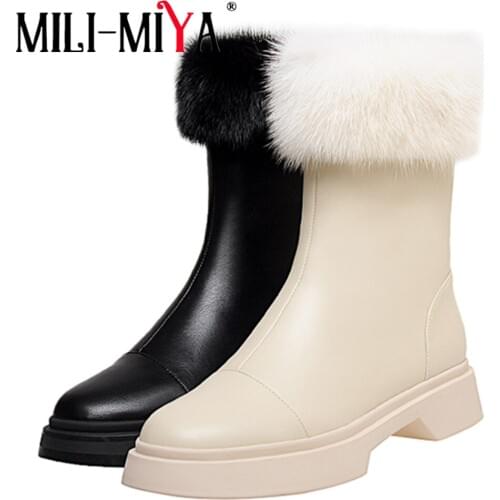 MILI-MIYA Fashion Women Cow Leather Snow Boots Warm Wool Brand Lining Round Toe Zipper Fur Solid Color Winter Shoes Size 34-43