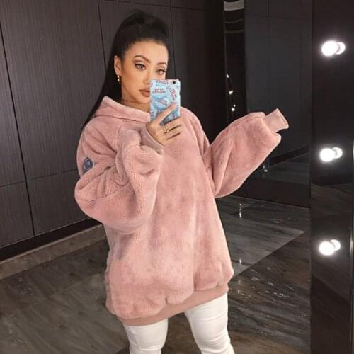 Warm Women Oversize Hoodies Sweatshirts Autumn Winter Solid Color Fleece Long Sleeve Loose Pullover