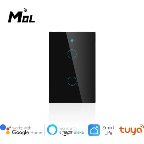 Tuya Wifi Smart Light Switch US 2 Gang Black Touch Panel Wall Switch 110-240V Neutral Required Compatible Alexa Google Home