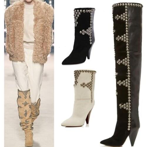 European American Genuine Leather Long Rivet Slope Pointed Toe Fashion Catwalk Over The Knee Knight Boots Crystal Shoes Women