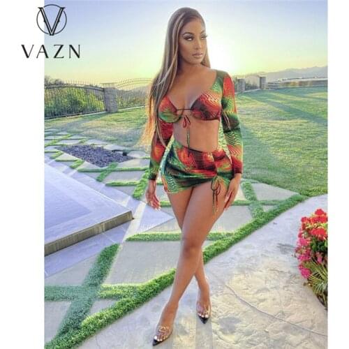 VAZN Spring and Summer 2021 European and American Womens Print Set Milk Silk Long Sleeve Sexy Skirt