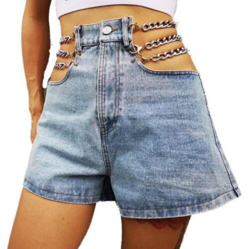 Yuerwang Women Shorts Sexy Denim Shorts Chain Hollow Out High Waisted Summer Mini Jeans Shorts 2021 Fashion New Arrival Blue