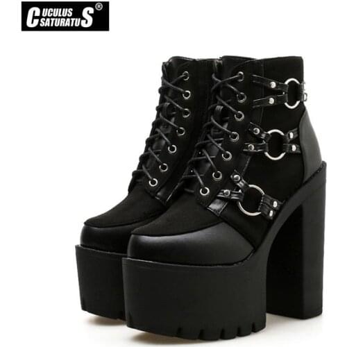 CUCULUS 2021 Fashion Motorcycle Boots Women Platform Heels Casual Shoes Lacing Round Toe Shoes Ladies Autumn Boots Black 2008