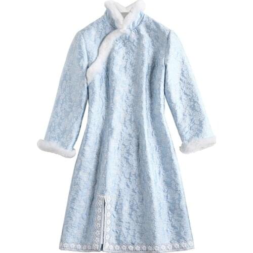 Autumn and winter new womens fur collar Plush Jacquard lace short cotton dress