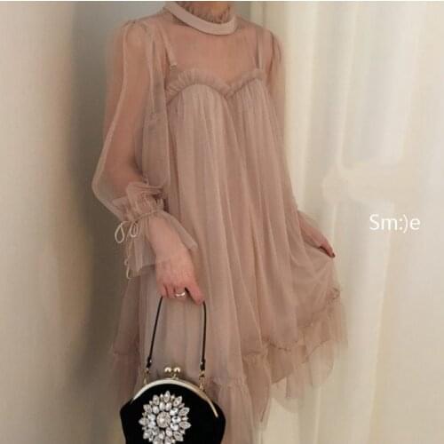 Beach Dress Plus Size Dress Direct Selling Polyester Mesh 2018 New Gauze Perspective Long Sleeve High Waist Fluffy Fairy Female