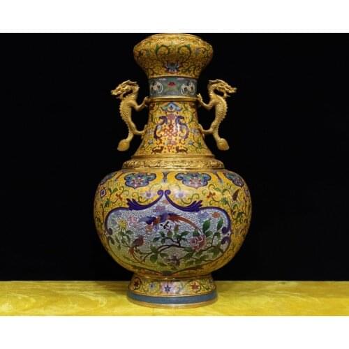 19 " Chinese Pure Bronze cloisonne 24K Gold Double Dragon Flower Bird Vase Pot