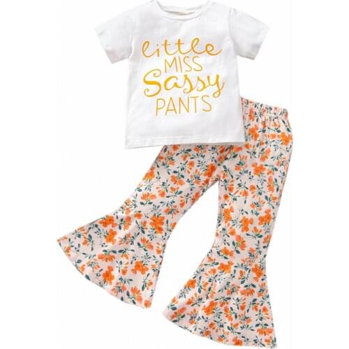 2021-05-06 Lioraitiin 2Pcs Set 2-7Y Baby Girls Clothes Letter Print Short Sleeve O-neck T-shirt + Floral Print Flared Trousers