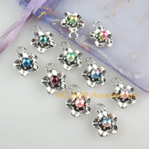 30Pcs Tibetan Silver Tone Flower Mixed Acrylic Star Charms Pendants 11.5x15mm