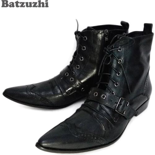 Batzuzhi Mens Black Leather Boots Fashion Designer Lacing Up Buckle Strap Pointed Toe Short Motorcycle Boots Men, EU38-46