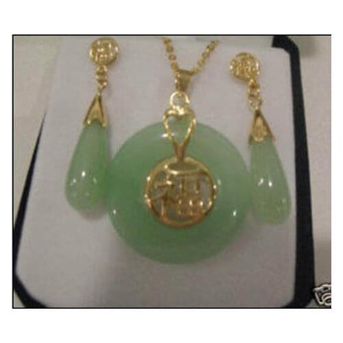 FREE SHIPPING>>@> beautiful jade FU earrings pendant Necklace set AAA 18K GP gold plated watch Quartz stone crystal Natural