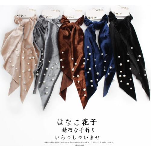 Free shippping Fashion women lovely velvet ribbon hair scrunchies cute bead gum elegant Hairties Accessories Ponytail Holder