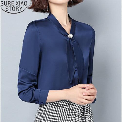 Bow Blouse Silk Fashion 7 Colors Office Lady Long-Sleeve Shirt Women 2021 Autumn Solid Plus Size Button Cardigan Tops 10854