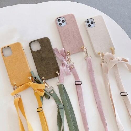 Fashion Plush Fur Phone Case for iPhone 12 Mini 11 Pro XS Max XR 7 8 Plus Bowknot Backpack Hanging Rope Crossbody Strap Cover