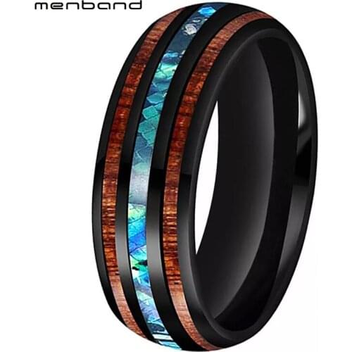 Black Men Women Wedding Band Tungsten Ring With Abalone Shell and Koa Wood Inlay Domed Polished 8MM Comfort Fit