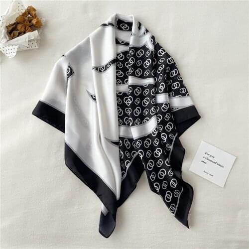 Elegant 90*90cm Print Scarf Hijab Luxury 2021 Silk Satin Shawl and Wraps Hair Band Bag Neckerchief Headscarves Hijab Bandana