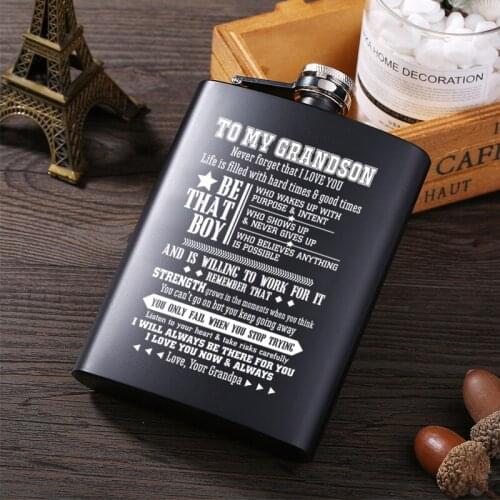 To my Grandson 8OZ Stainless Steel Black Whiskey Vodka Hip flask Portable Flagon Alcohol Bottle