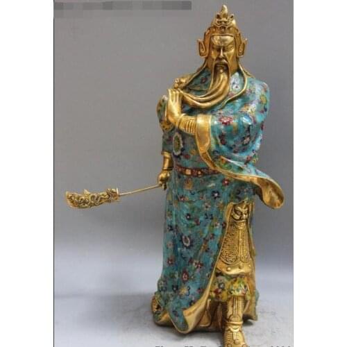 Chinese Bronze Cloisonne Enamel Guan Gong hold Guan Yu Warrior falchion Statue