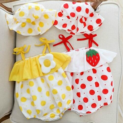 NEW Baby Girls Clothes Summer Sunsuit Dot Egg Print Cute Princess Rompers+Sun Hat Brief Set Infant Outfit Girls Jumpsuit Clothes