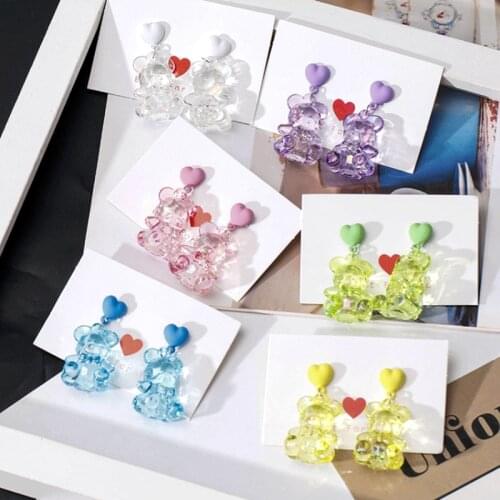 New Fashion Cute Heart Bear Dangle Earring Sweet Trendy Colorful Transparent Resin Bear Animal Earrings For Women Girls Jewelry