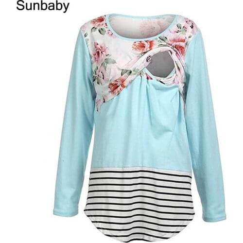 SUNbaby pregnant clothes Long-sleeved floral monochrome and stripe stitching are stylish breastfeeding clothes T04015