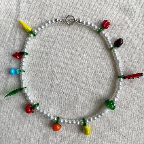 Cute accesorios mujer CHILI PEPPER Cherry vegetables pearl bohemian Millefiori glass fruit bead choker necklace women jewelry
