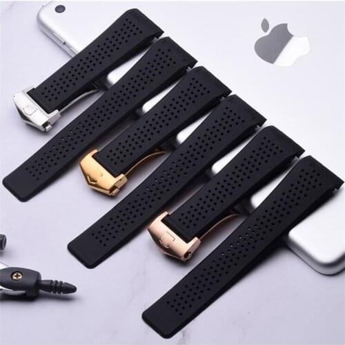New Black Curved End Silicone Rubber Watchband 22mm 24mm Breathable Strap&Folding Buckle For TAG Heue Grand Carrera Watch Logo