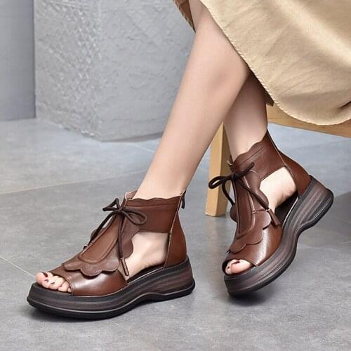 2021 Spring and Summer Retro Leather Sandals Womens Platform with Comfortable Thick-soled Roman Shoes Fish Mouth Hollow Sandals