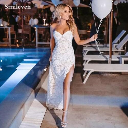Smileven Full Lace Mermaid Wedding Dress Strapless Boho Bridal Dresses Elegant Side Split Plus Size Wedding Gowns