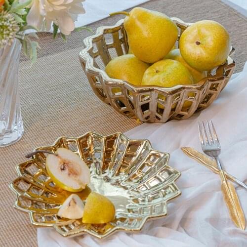 Modern Golden Hollow Ceramic Decoration Home Living Room Coffee Table Storage Snack Tray Dried Fruit Coffee Table Candy Nut Tray