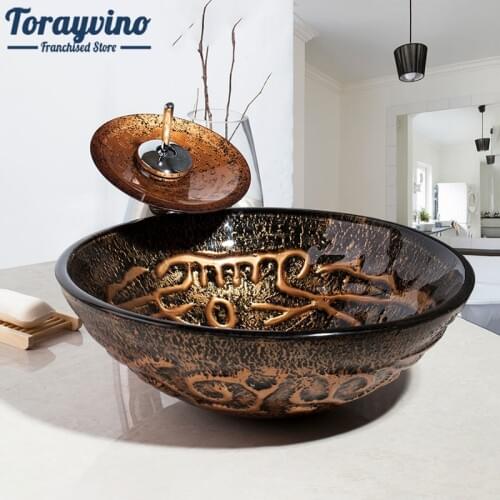 Torayvino Bathroom Glass Wash Basin Sink Tap Bathroom Sink Glass Hand-Paint Lavatory Sink Set Waterfall Mixer Tap Faucet