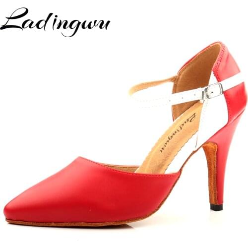 Ladingwu Latin Dance Pointe Shoes Closed For Women Genuine Leather Salsa Ballroom Dancing Shoes Red Black Dance Shoes