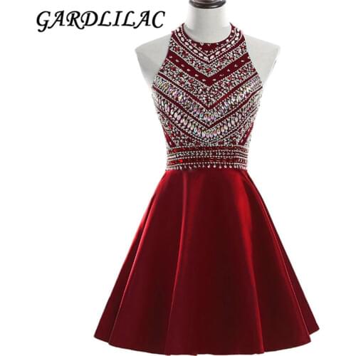 Gardlilac Halter Short Homecoming Dress 2017 Stain Beading Short Party Dress Red Black Blue Prom Evening Gowns