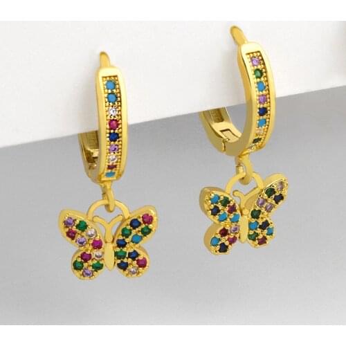 FLOLA Crystal Multicolor Butterfly Earrings For Women Small Gold Filled Drop Earrings Dangle Wholesale CZ Rainbow Jewelry ersu75