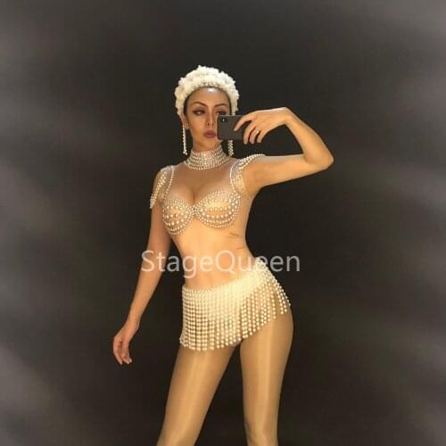 Women Sexy Stage Skin Color Bodysuit Sleeveless Sparkling Crystals Pearls Jumpsuit Nightclub Party Stage Wear Dance Costumes