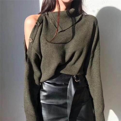 Trendy Fad Fall Womens New Off Shoulder Sweater Pullover One shoulder Turtleneck Buttons Loose Knitted Casual Solid Tops